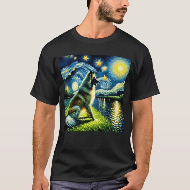 Camiseta Starry Night Belga Tervuren Dog Van Gogh Lover (Frente)