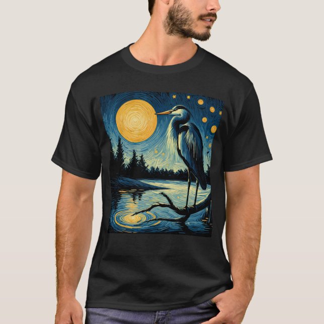 Camiseta Starry Night Blue Heron Van Gogh Bird Lover (Frente)