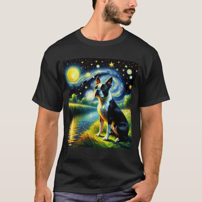 Camiseta Starry Night Boston Terrier Dog Van Gogh Lover (Frente)
