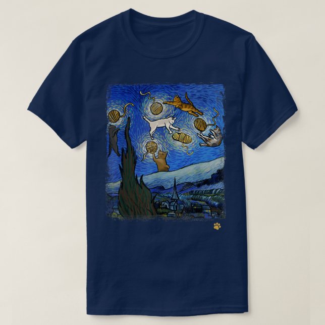 Camiseta Starry Night Cat Art Parody Van Gogh Engraçado Cat (Frente do Design)