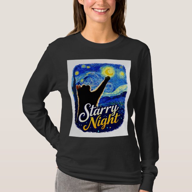 Camiseta Starry Night Cat – Artistic Black Cat Reaching the (Frente)