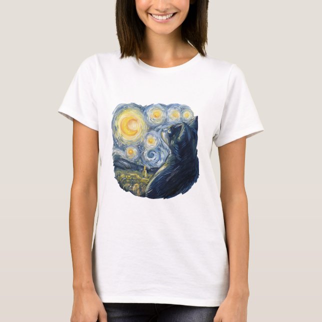 Camiseta Starry Night Cat Artistic Van Gogh Style Art (Frente)