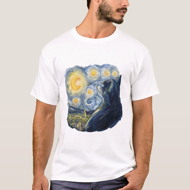 Camiseta Starry Night Cat Artistic Van Gogh Style Art (Frente)