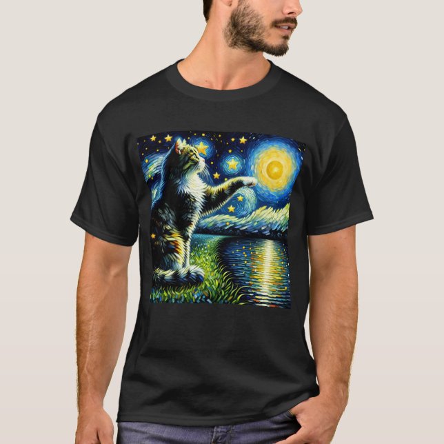 Camiseta Starry Night Cat Kitten Van Gogh Lover (Frente)