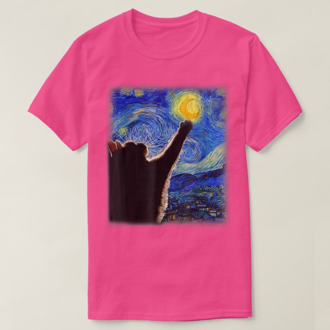 Camiseta Starry Night Cat, Van Gogh Cat, Crescent Moon, Cat (Frente do Design)
