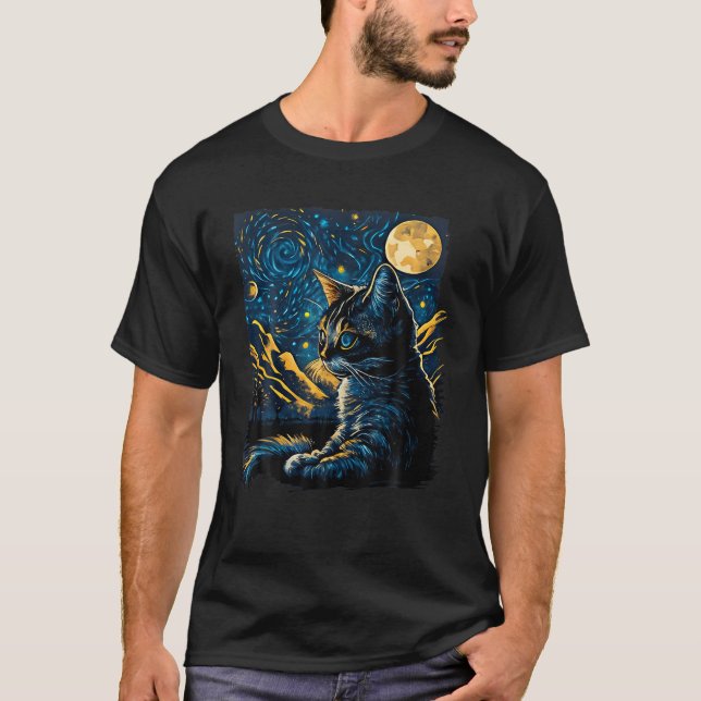 Camiseta Starry Night Cat Van Gogh Cat Gifs Gifs Cat Mãe (Frente)