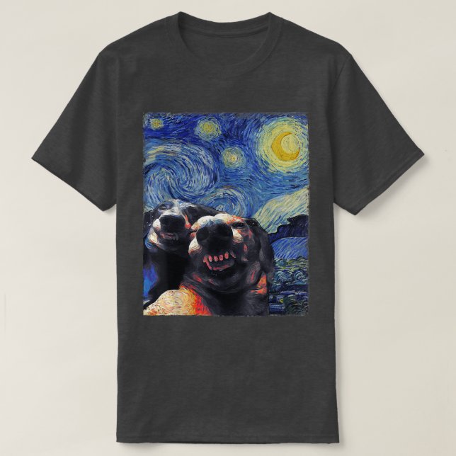 Camiseta Starry Night Dachshances Engraçados Cães Van Gogh  (Frente do Design)