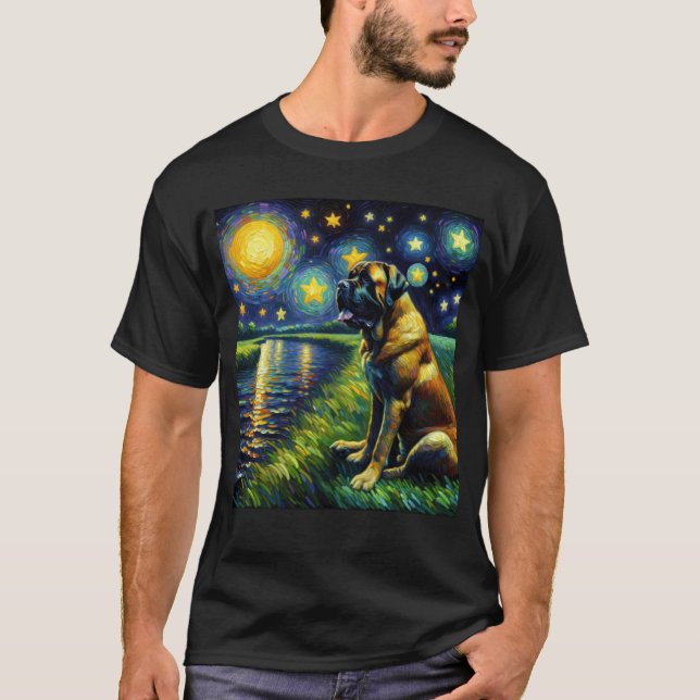 Camiseta Starry Night English Mastiff Dog Van Gogh Lover (Frente)