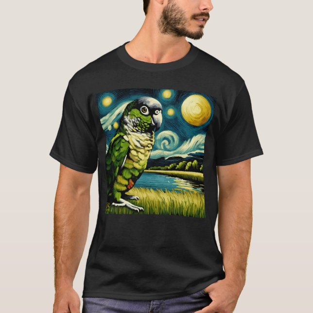 Camiseta Starry Night Green Cheek Conure Parrot Van Gogh (Frente)