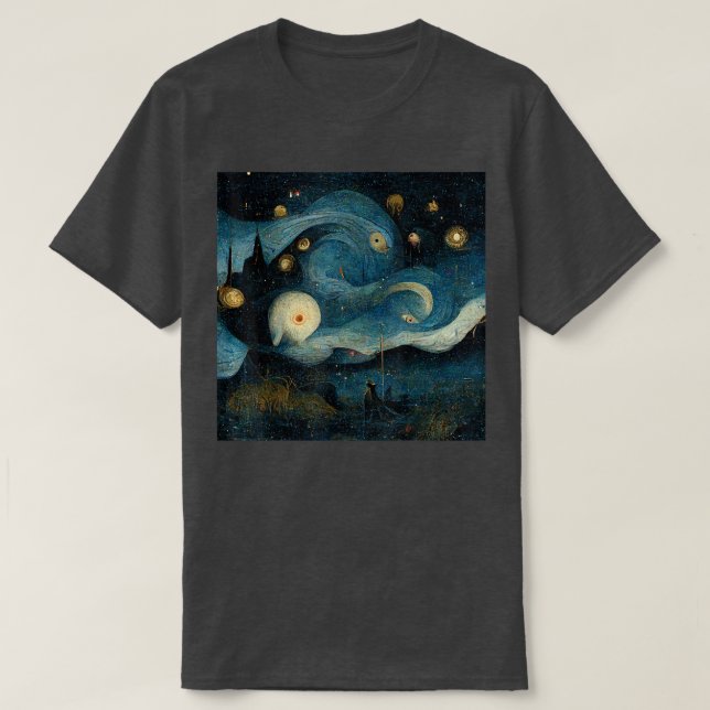 Camiseta Starry Night mied com Hieronymus Bosch (Frente do Design)