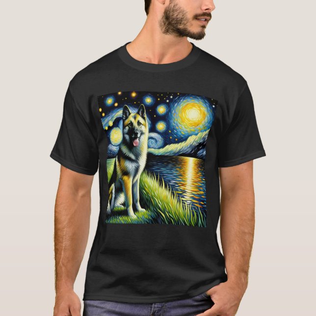 Camiseta Starry Night Norueguês Elkhound Dog Van Gogh Lover (Frente)