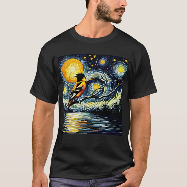 Camiseta Starry Night Oriole Van Gogh Bird Lover (Frente)