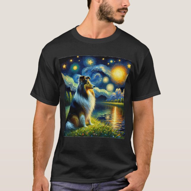 Camiseta Starry Night Sheltie Dog Van Gogh Lover (Frente)