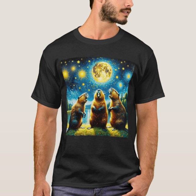 Camiseta Starry Night Three Beavers Howling em Moon Van (Frente)