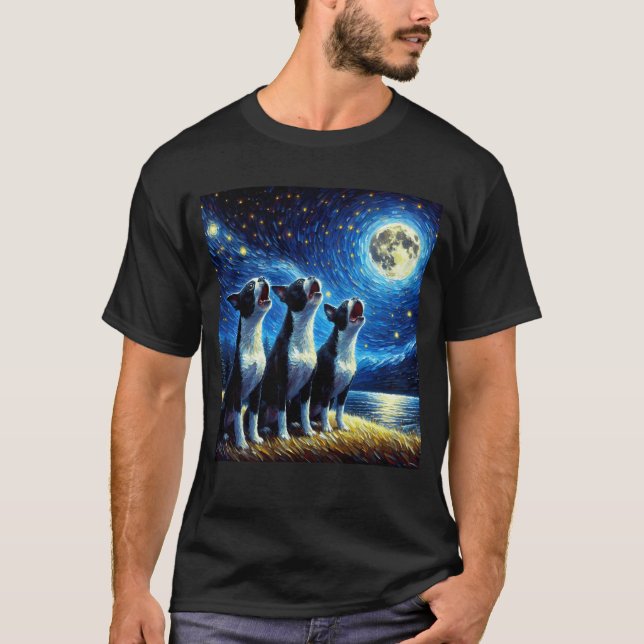 Camiseta Starry Night Three Boston Terriers Howling em (Frente)