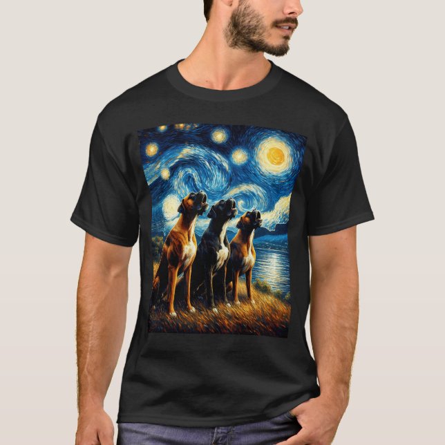 Camiseta Starry Night Three Boxers Howing at Moon Dog (Frente)