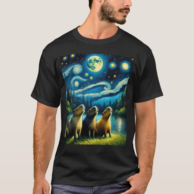 Camiseta Starry Night Three Capybaras Howling na Lua (Frente)