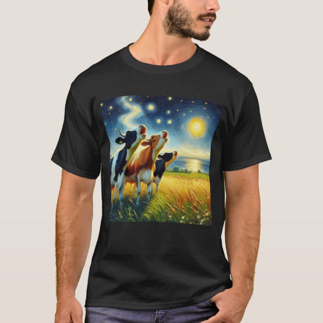 Camiseta Starry Night Three Cows Howing na Lua Van Gogh (Frente)