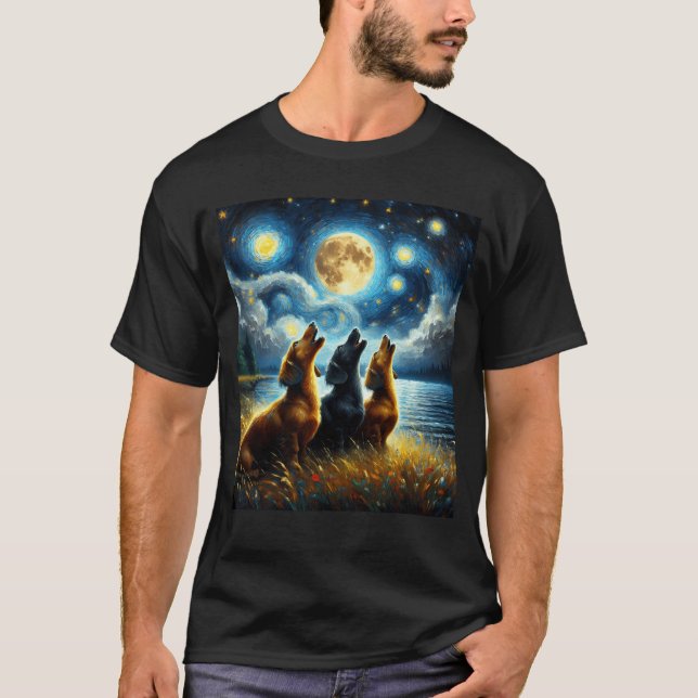 Camiseta Starry Night Three Dachshances Howing at Moon Dog (Frente)