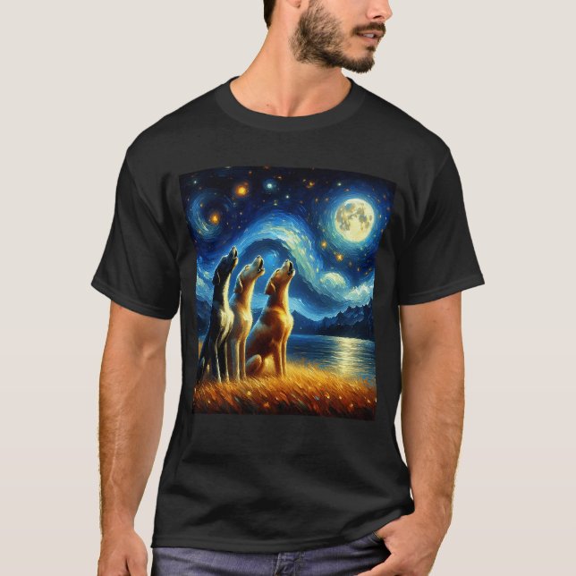 Camiseta Starry Night Three Great Danes Howling na Lua (Frente)