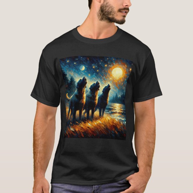 Camiseta Starry Night Three Mastiff Howling no Moon Dog (Frente)
