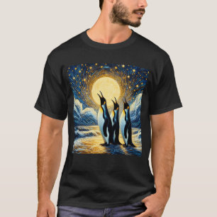 Camiseta Starry Night Three Penguins Howling em Moon Van