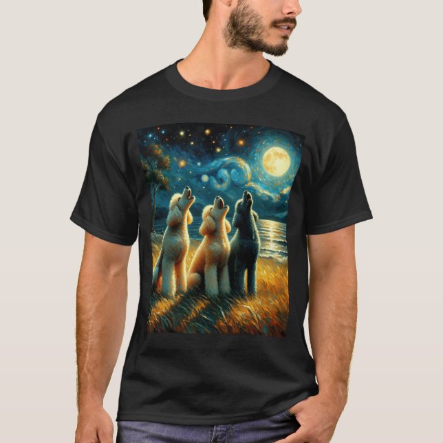 Camiseta Starry Night Three Poodles Howing at Moon Dog (Frente)