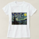 Camiseta Starry Night - van Gogh<br><div class="desc">Da lâmpada do mineiro de Nuenen à que colocou em sua janela, seguindo a cena com Gauguin; da estrela da noite que notou em 1875 em Corot Olive Orchard à carta que escreveu ao irmão em agosto de 1888, na qual ele disse: "Algum dia ou outro você verá uma fotografia...</div>