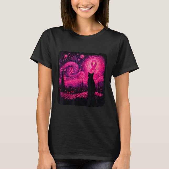Camiseta Starry Night Van Gogh Cat Halloween Breast Cancer  (Frente)