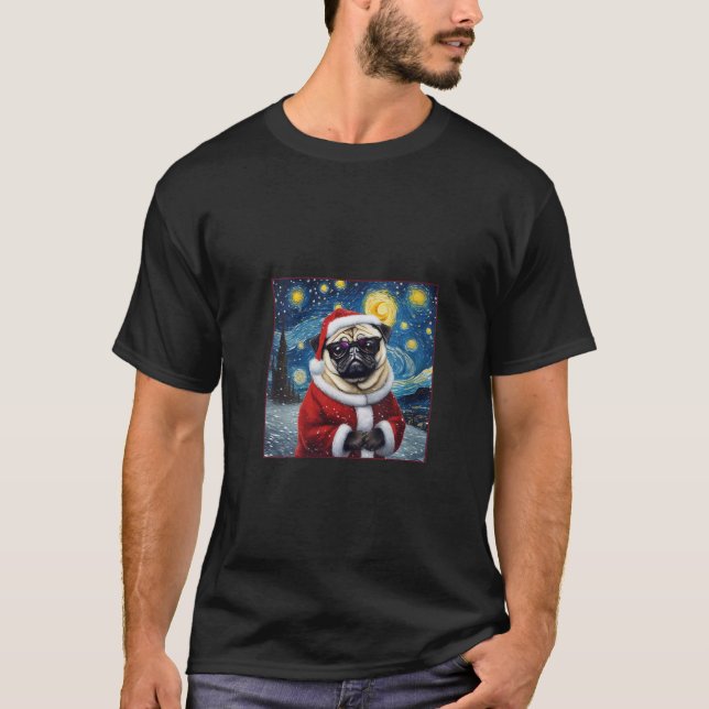 Camiseta Starry Night Van Gogh Pug Christmas Shirt V Neck (Frente)