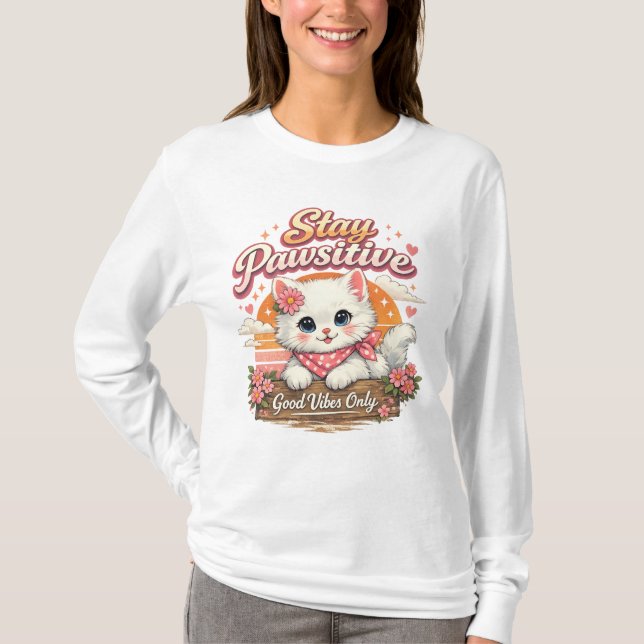 Camiseta Stay Pawsitive Cat Long Sleeve T-Shirt (Frente)