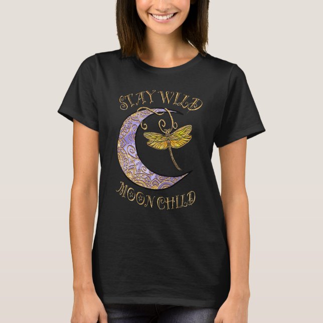 Camiseta Stay Wild Moon Child Hippie Crescent Moon Dragonfl (Frente)