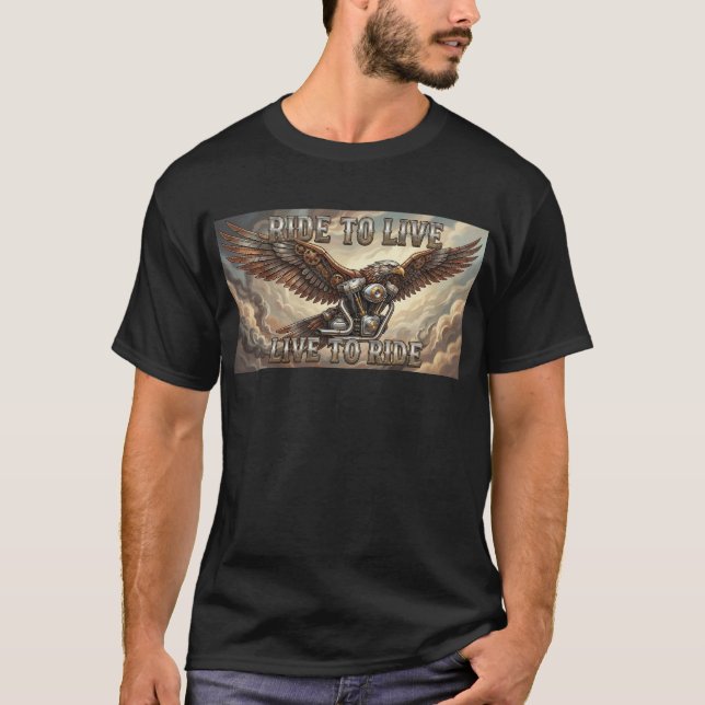 Camiseta Steam Punk Eagle and V Twin Ride to Live Biker Tee (Frente)