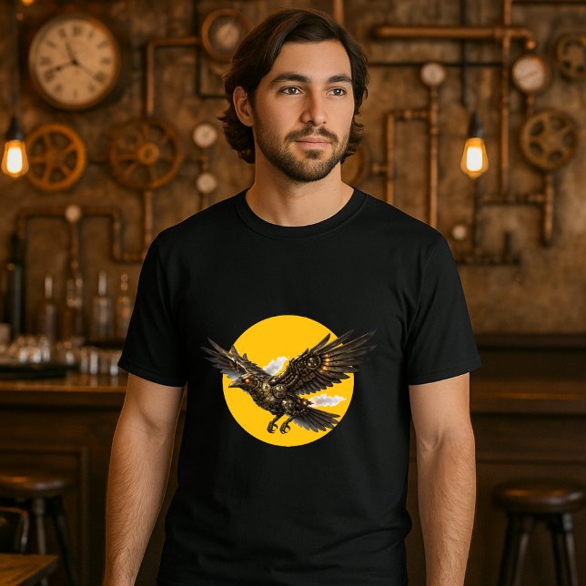 Camiseta Steampunk Mechanical Flying Crow over Full Moon (Criador carregado)