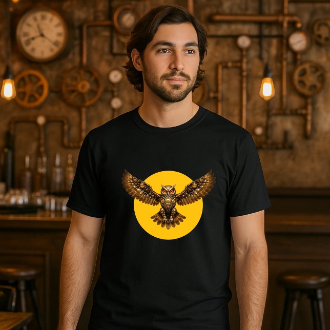 Camiseta Steampunk Mechanical Flying Owl over Full Moon (Criador carregado)