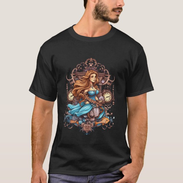 Camiseta Steampunk Mermaid in a Blue Dress on a Man's Black (Frente)