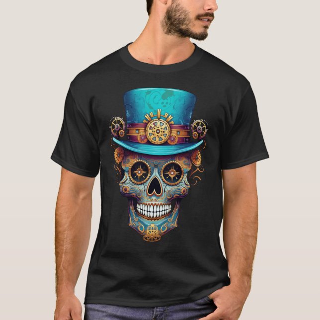 Camiseta Steampunk Skull Day of the Dead Men's Black (Frente)