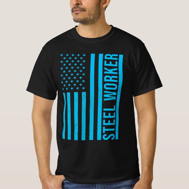 Camiseta Steel Worker Blue Flag Patriotic (Frente)
