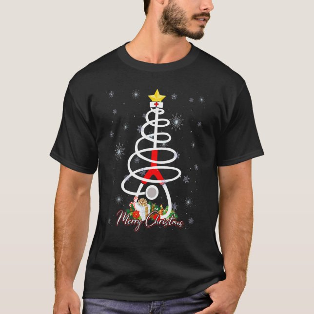 Camiseta Stethoscope Árvore de Natal Luzes Cachorosas Rn Mé (Frente)