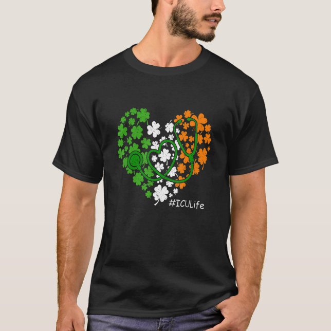 Camiseta Stethoscope Shamrock Heart Icu Life Nurse Rua Patr (Frente)