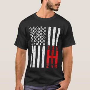Camiseta Stick Shift American Flag Car Transmissão Mecânica