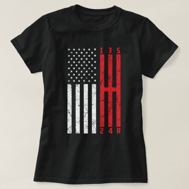 Camiseta Stick Shift American Flag Mustang CT 6 Gears Mecha (Frente do Design)