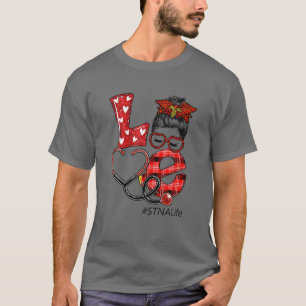 Camiseta STNA Nurse Xadrez Leopard Love Heart Messy Bun RN