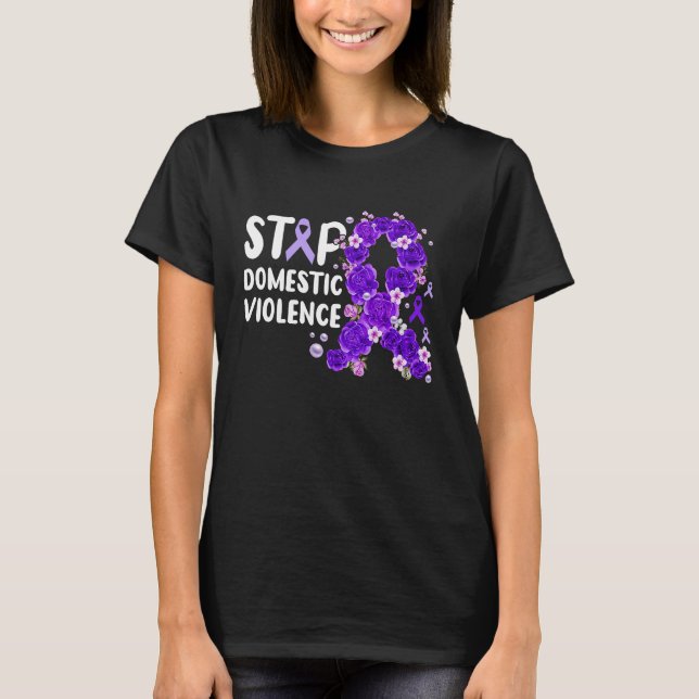 Camiseta Stop Domestic Violence purple roses in ribbon look (Frente)