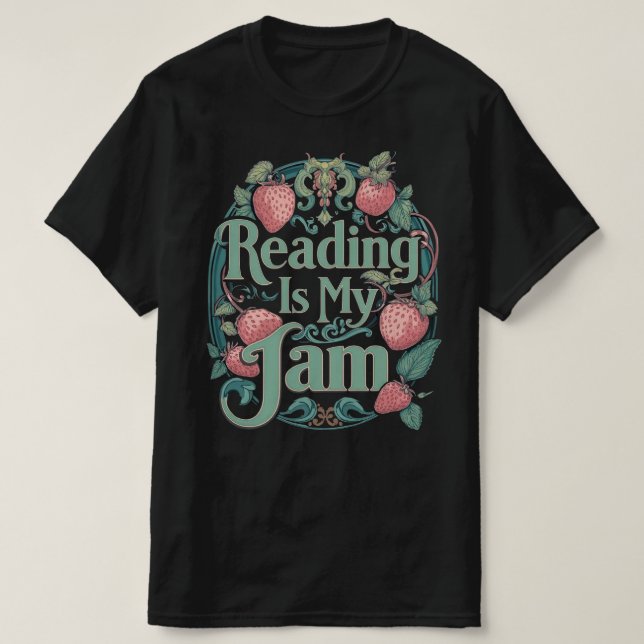 Camiseta Strawberry Book Lover Tee – Reading Is My Jam (Frente do Design)