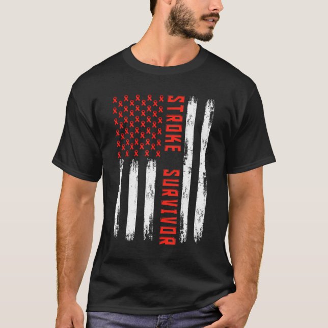 Camiseta Stroke Survivent American Flag Red Ribbon Stroke A (Frente)