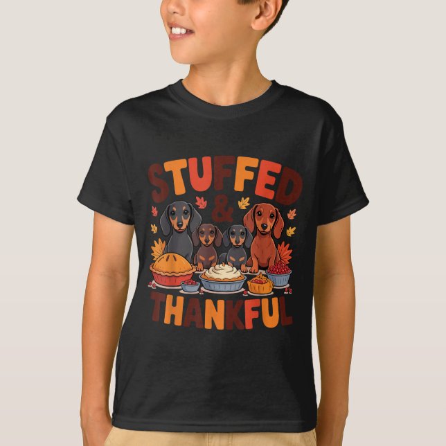 Camiseta Stuffed And Thankful Dachshund Funny Thanksgiving  (Frente)