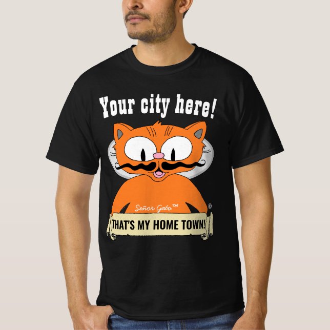 Camiseta SUA CIDADE OU CIDADE! Cartoon Cat Señor Gato (Frente)
