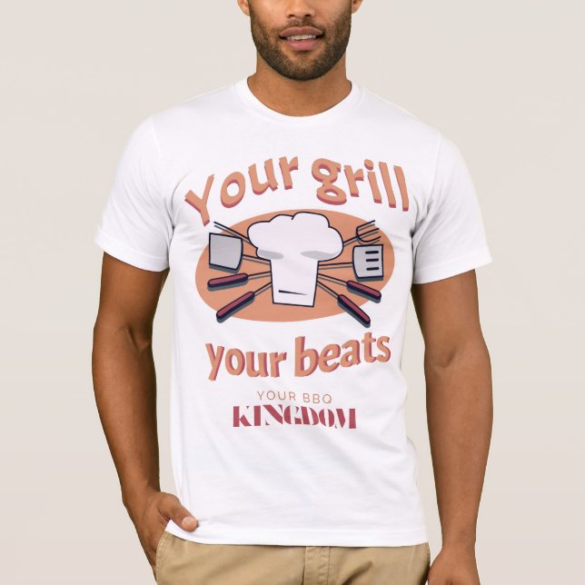 Camiseta Sua Grelha Bate Seu Reino CHURRASCO Com Laranja (Frente)