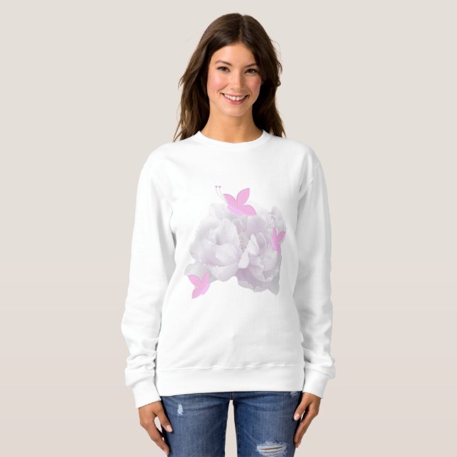 Camiseta Suave de Peônias e Borboletas (Frente Completa)